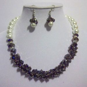 Handmade Purple Rodell Crystal and White Pearl Beaded Necklace and Earring Set